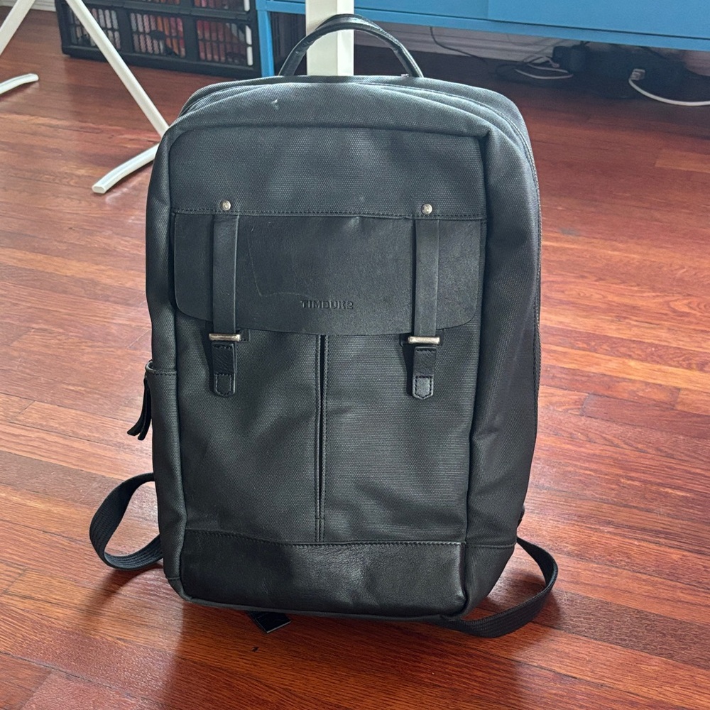 Timbuk2 authority laptop backpack black canvas and leather details